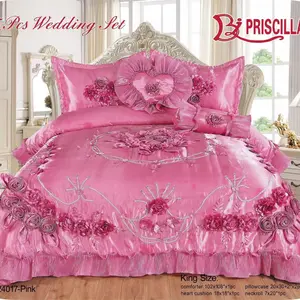 Priscilla Pink 5 Pieces Wedding Set - Pink Bedding, Floral Tablecloth, Pillows & Additional Decorative Items