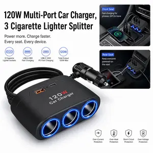 3 in 1 USB Type C Socket 120W Car Cigarette Lighter Splitter 12V 24V Fast Charger Phone Power Adapter for Car DVR GPS Dashcam