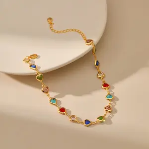18K gold-plated candy colored CZ jewelry, colorful oval necklace and heart-shaped anklet,perfect for summer beach accessories, suitable for women
