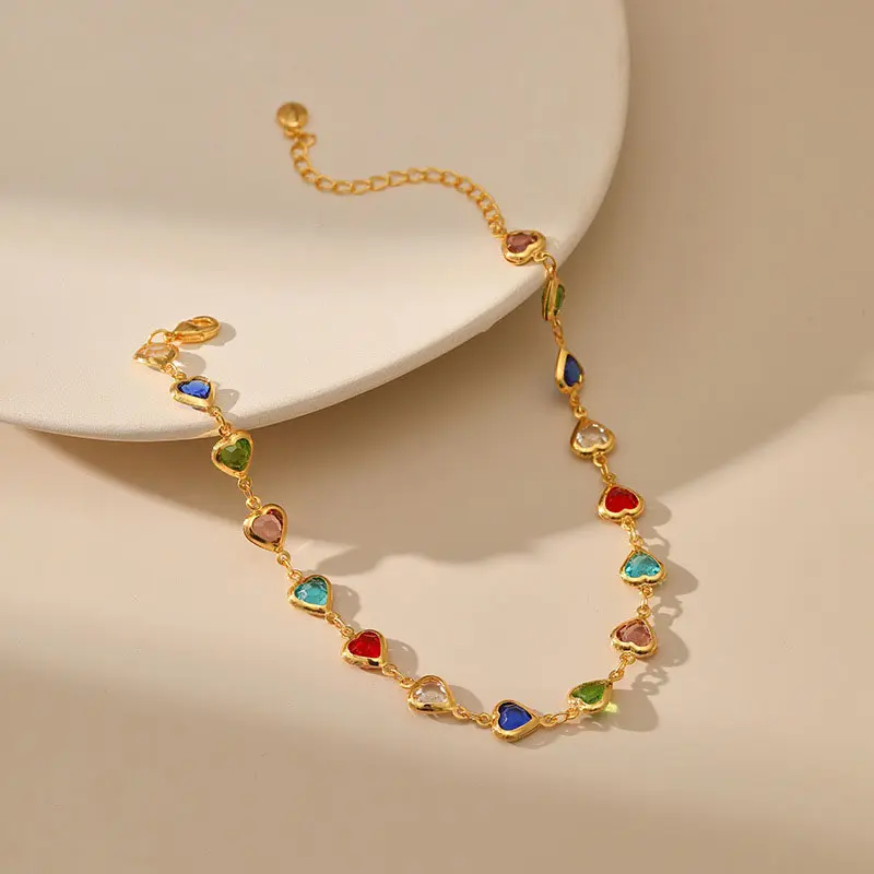 18K gold-plated candy colored CZ jewelry, colorful oval necklace and heart-shaped anklet,perfect for summer beach accessories, suitable for women