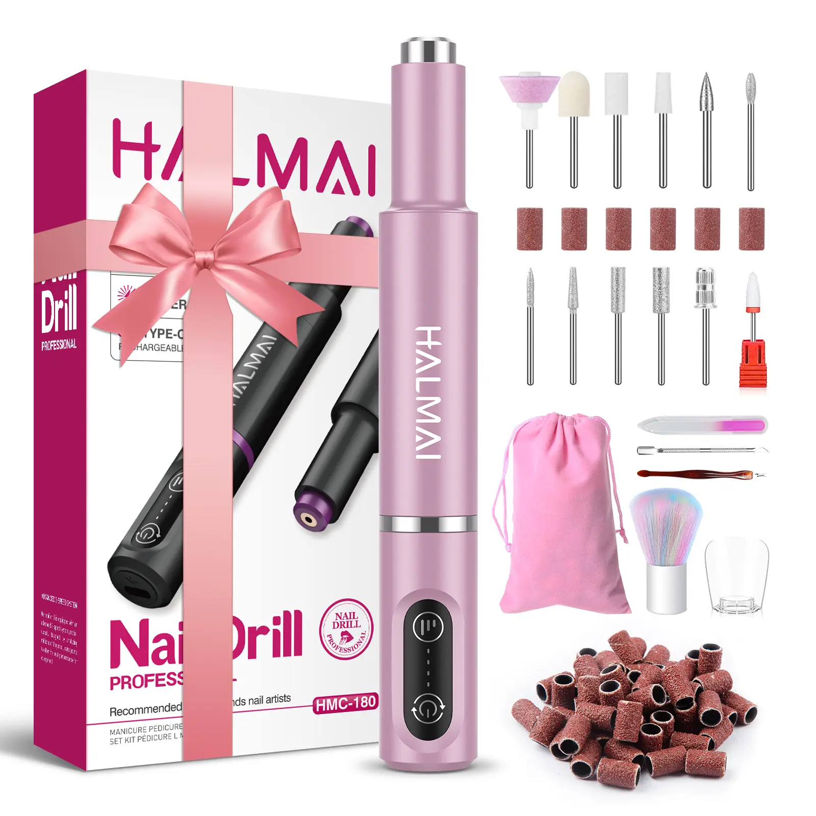 Beginner-Friendly HALMAI Electric Nail Drill Machine Cordless Portable Rechargeable Nail File Kit for Acrylic Gel Nails Manicure & Pedicure Tool