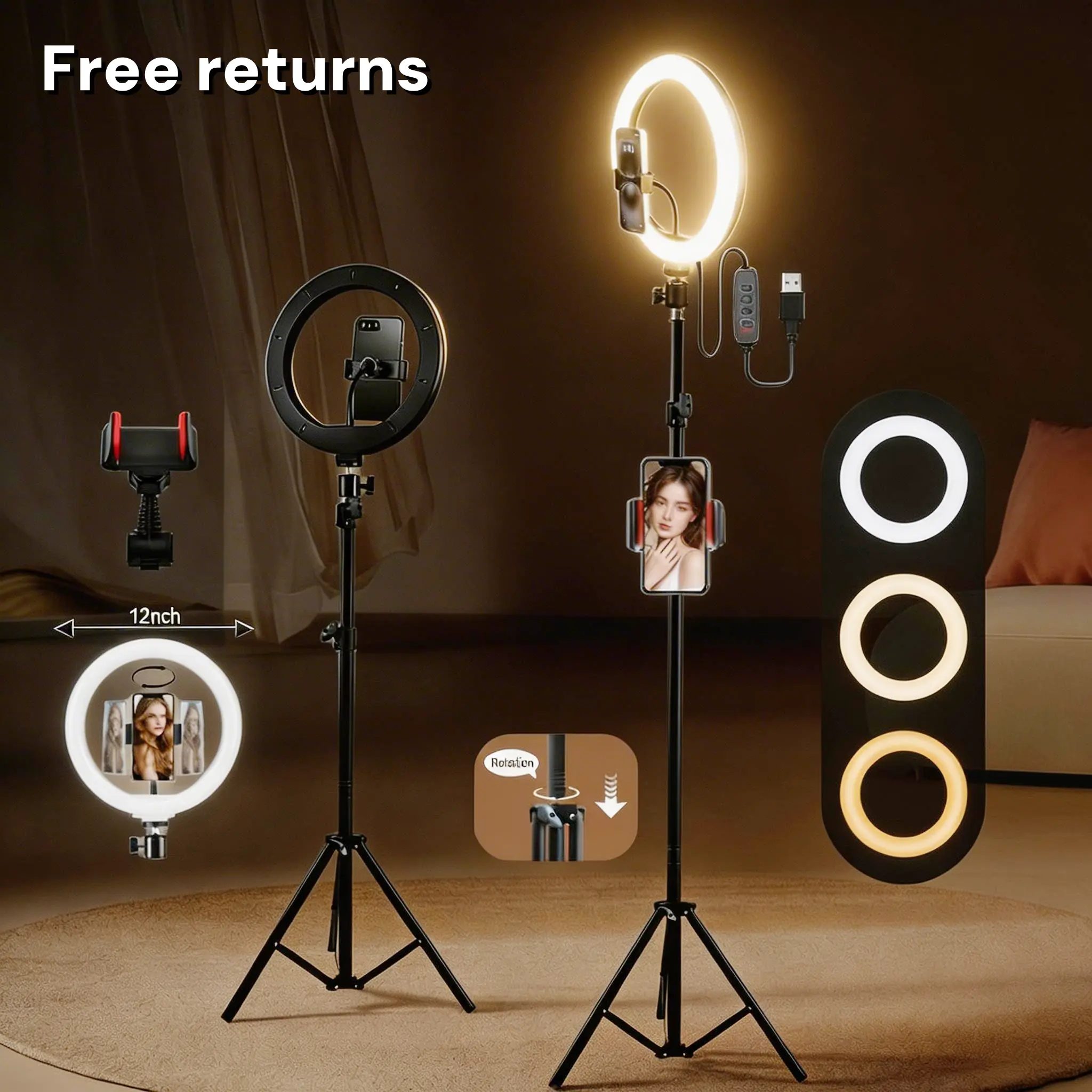 12 Inch LED Ring Light with Extendable Tripod Stand to 180cm, Phone Holder Included, Adjustable Brightness and Color for Home Studio, Video Recording, Makeup Tutorials, Bedroom Desk, Study Desk, Father’s Day