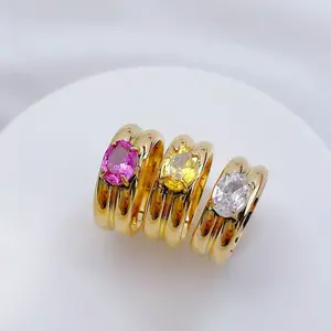 Three-Stone Round Diamond Ring Minimalist Tri-Color Cubic Zirconia Band Adjustable Stackable Aesthetic Jewelry for Women Dainty Everyday Hypoallergenic Gift Trendy Fashion Jewelry