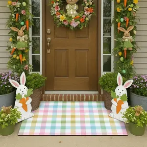 Easter Pastel Checkered Rug,  Spring Checkered Area Rug Colored Front Porch Door Mat Welcome Easter Layering Rustic Mat, Entryway Farmhouse Holy Week Decor