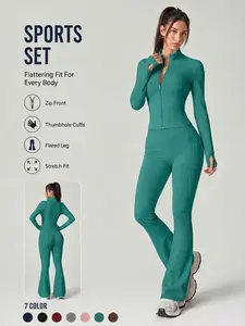 Women's 2 Piece Set Long Sleeve Jacket Flare Pants Solid Color Sports Set Thumb Holes Design Comfortable Breathable Stretchy High Waist Butt Lifting Gym Training Yoga Outfit Outdoor Running Cycling Daily Outing All Season Casual Versatile Activewear Set