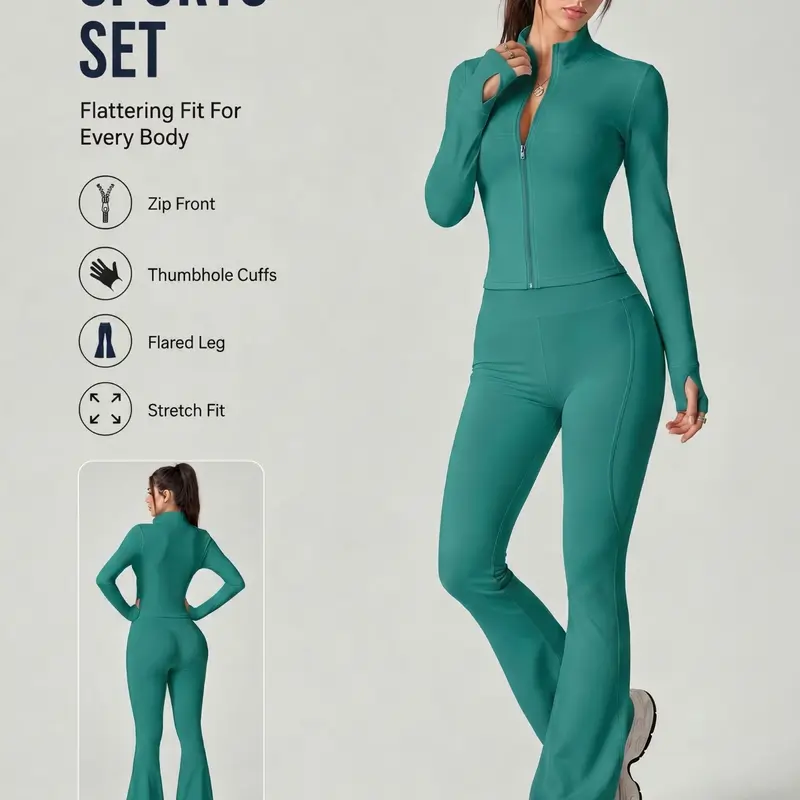 Women's 2 Piece Set, Activewear Clothing, Fitted Sportswear Set, Long Sleeve Jacket Flare Pants Solid Color Sports Set Thumb Holes Design Breathable High Waist Butt Lifting Gym Training Yoga Outdoor Running Cycling Daily Outing Casual Activewear Set