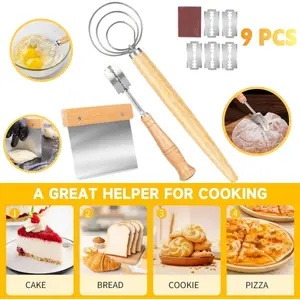9 PCS Dough Whisk Kit,13 Inch Wooden Danish Dough Whisk Sour Dough Tools with Stainless Steel Dough Hook Bread Whisk, with Dough Scraper Sourdough Cutter, Lame Doughs Scoring Tool Blades.for Sourdough, Pizza, Pastry, Cake Batter Etc.