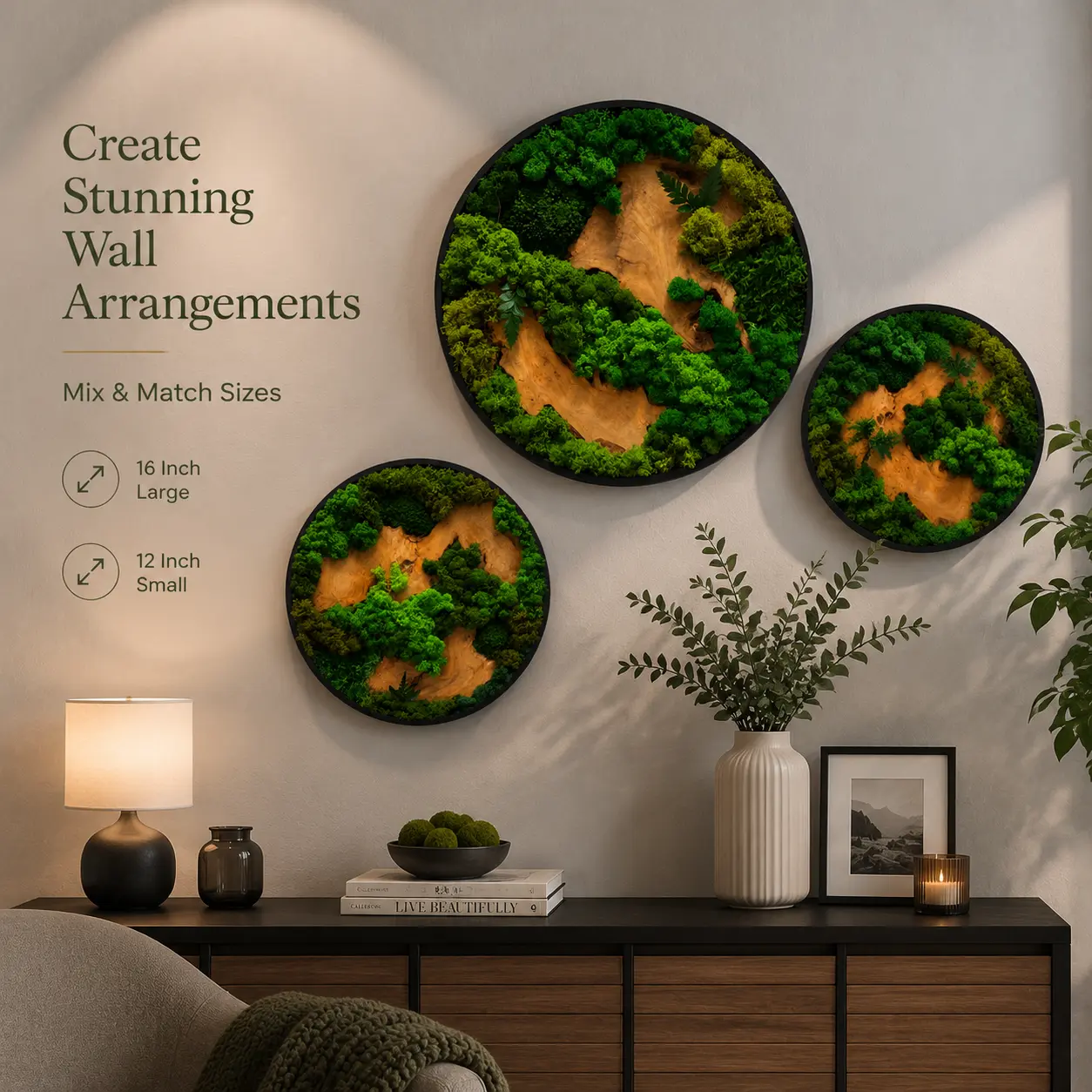 Handmade Preserved Moss Picture, Round Wood Moss Wall Art, Botanical Moss Frame for Farmhouse & Japandi Home Decor