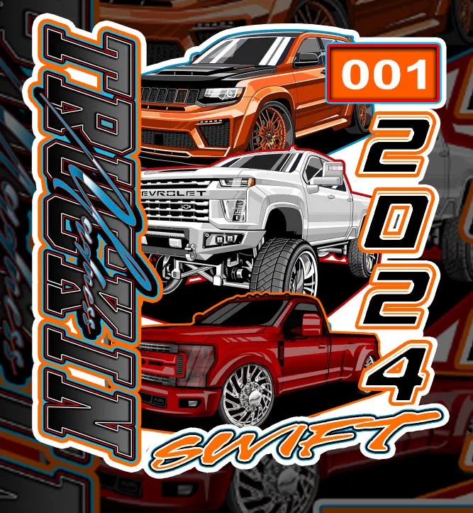 Truckin Madness March 2024 Sticker - 001 - Decorative Sticker Featuring Red and White Pickup Trucks
