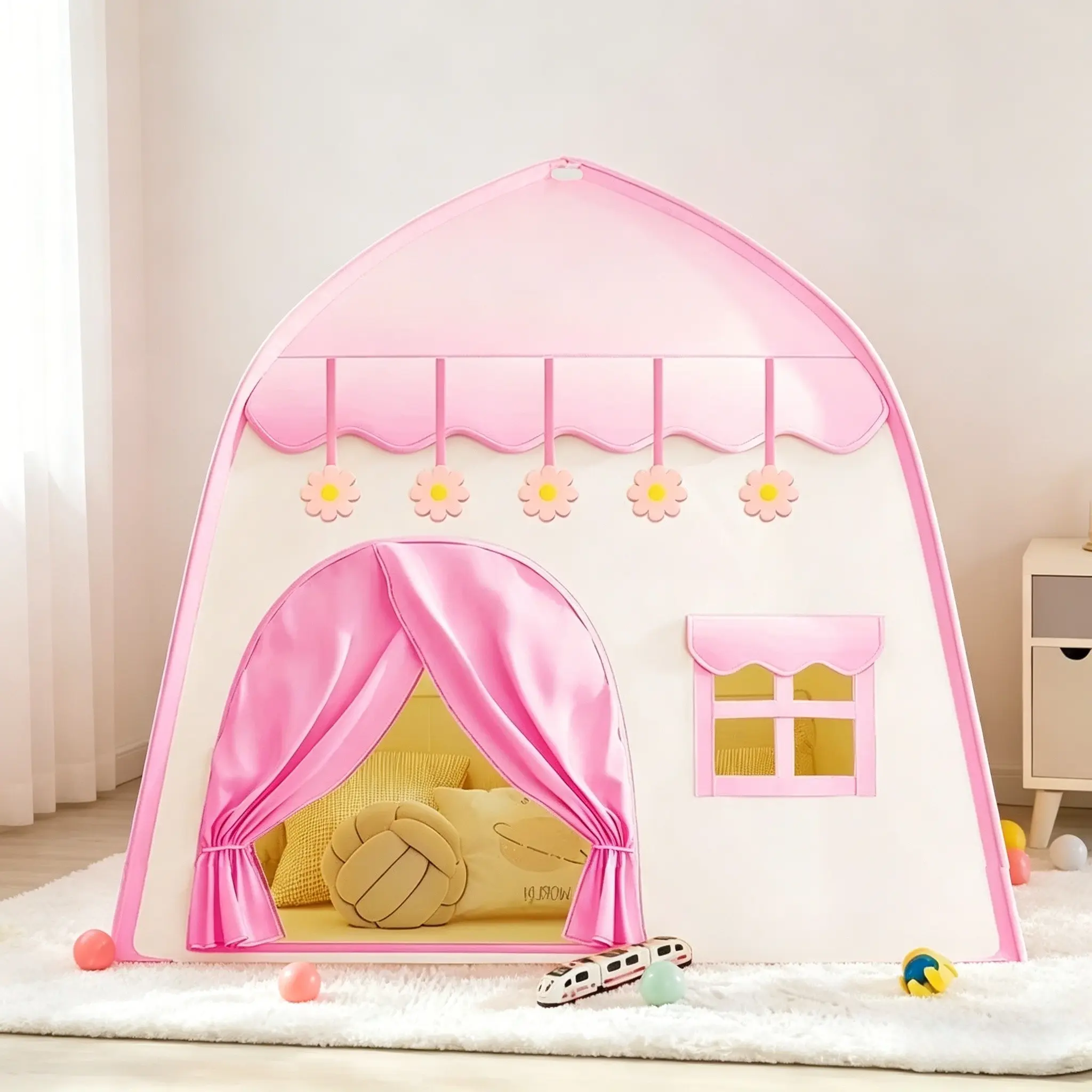 Kids' Party Play House Tent | Pink Princess Castle Playhouse w/ Flower Design | Secret Base w/ Storage Bag | Holiday Party Decor & Gift | No Accessories | Toddler Play Tent
