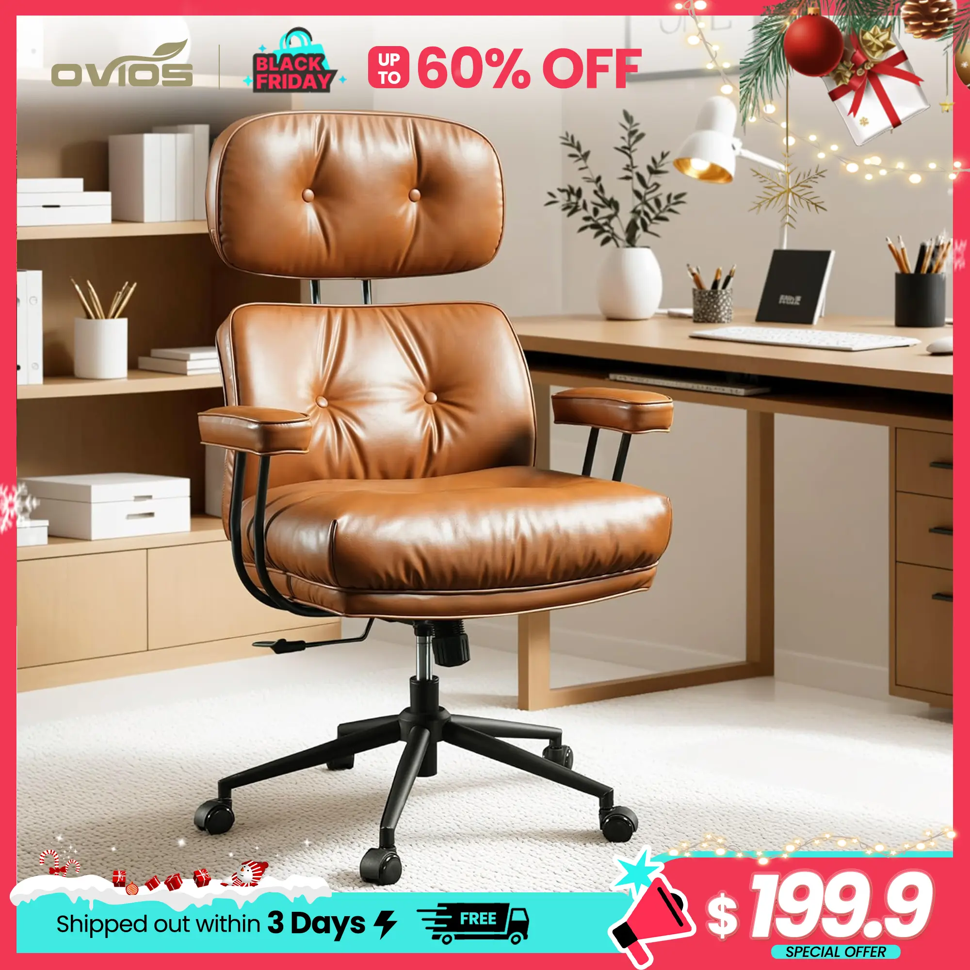 【SohoChic Sale】OVIOS Oversized Home Office Chair with Extra-Wide Seat, Big & Tall High Back Executive Computer Chair, Mid-Century Modern Faux Leather Swivel Rolling Desk Chair with Thick Cushions & Armrests
