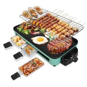 1500W 2-in-1 Electric Indoor Grill Combo, Nonstick Coating Griddle with Removable Plate, 5 Temperature Controls, 3 Raclette Cheese Pans, Mesh Net, Dishwasher-Safe Kitchen Gadget for Family Parties