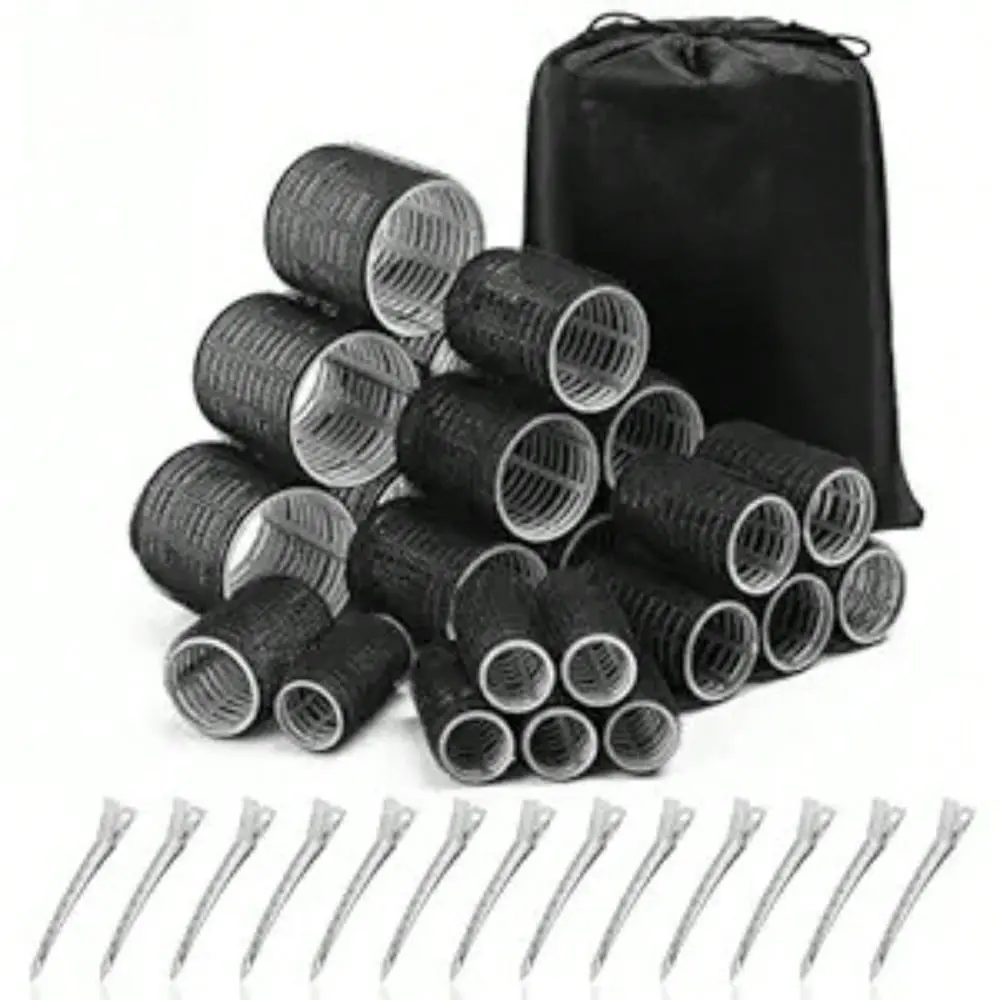 24Pcs Hair Curlers Set with 4 Sizes & 24 Hair Clips, Reusable Black Hair Styling Tools for Long, Medium, Short & Thick Hair