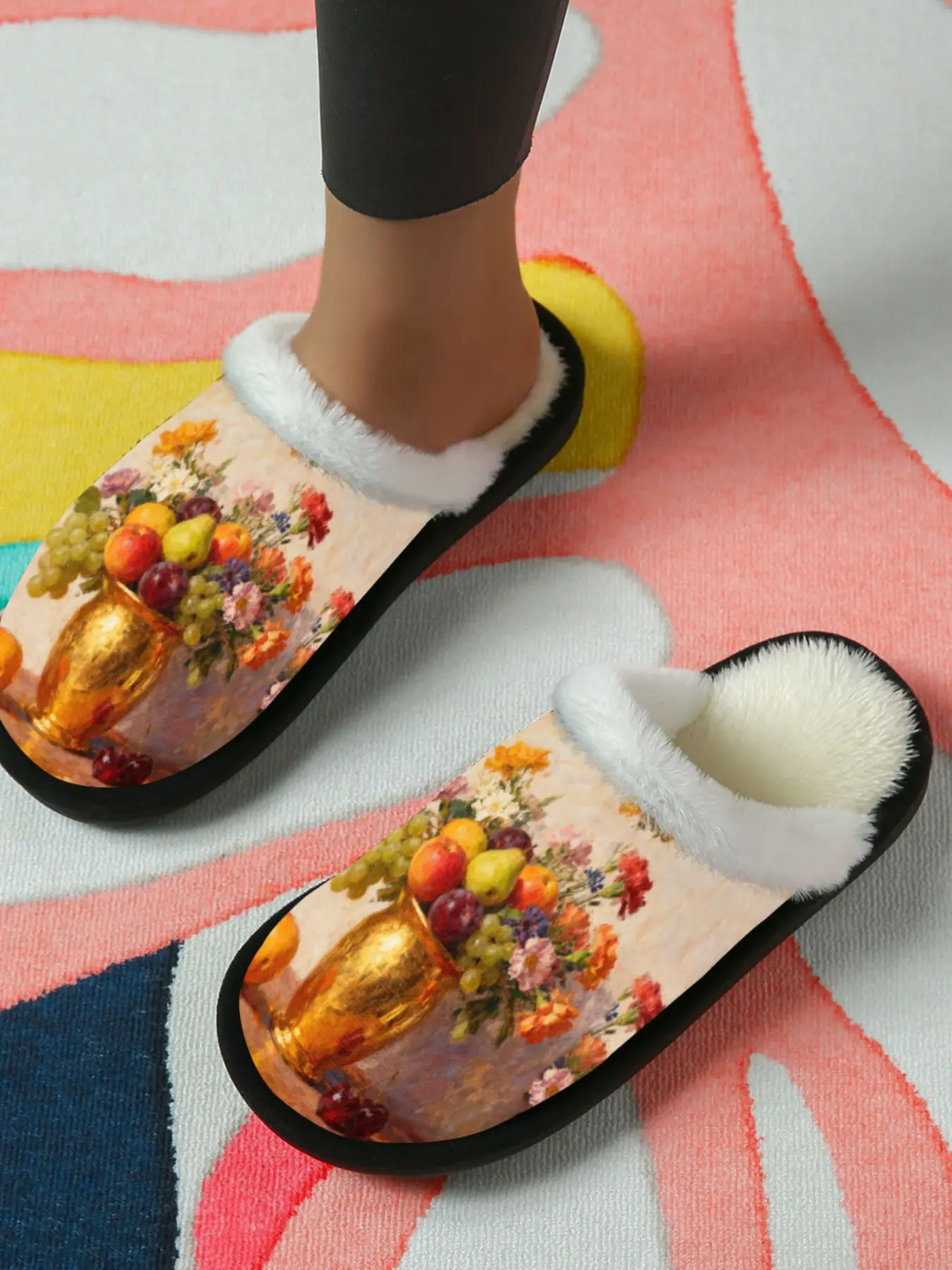Vintage Still Life Oil Painting Cotton Slippers, Elegant Artistic Style, Plush Lined Anti-Slip Thick Sole, Home Use Men Women Fall Winter Warm Shoes