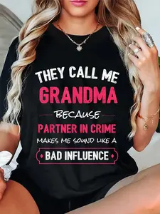 100% Cotton Unisex Funny Grandma Shirt, Grandma Partner In Crime Round Neck Short Sleeve T-Shirt Women's Men Graphic Tee