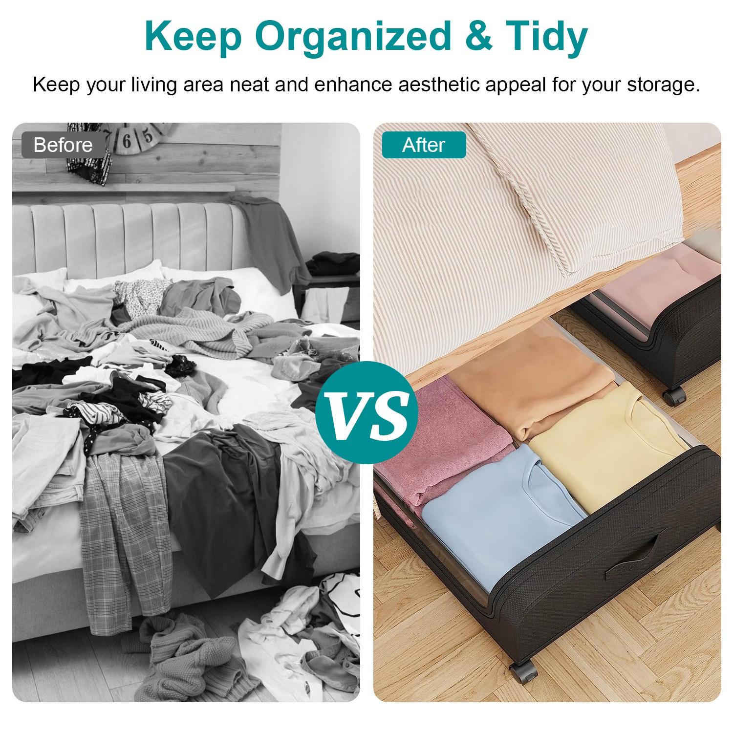 Under Bed Storage Containers 2 Pieces 42L/11 Gal with Lid Wheels Straps Handles 360° Lockable Rolling Wheels Clear PVC Lid Dual-Zipper System 66LBS Load Capacity Black Iron Frame Non-Woven Fabric Collapsible Multifunctional Bins