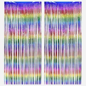 Tinsel Fringe Backdrop - 2 Pack Colorful Metallic Foil Curtain Streamers for Easter/80s/90s/Disco/Dance/Rainbow/Anniversary/Bridal/Engagement/Bachelorette/Birthday Party Decorations