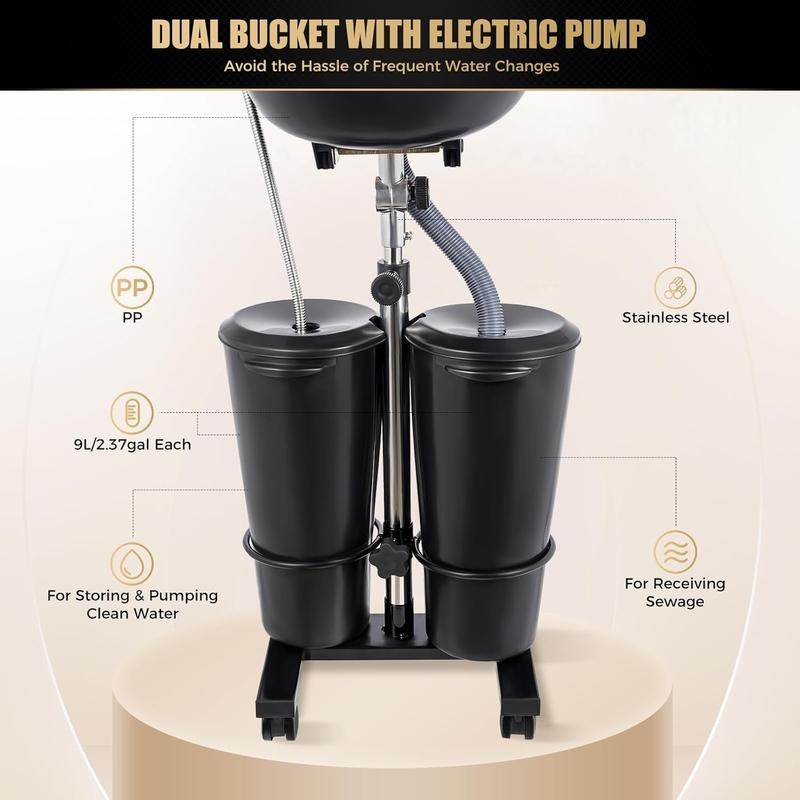 Portable Shampoo Bowl with Electric Pump, Hair Washing Station for Home & Barber Use, Portable Sink for Washing Hair with Dual-Bucket Design, Height Adjustable Stand