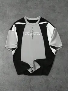 Plus Size Summer Men's 1960s Graphic Print Patchwork Fitted T-Shirt, Trendy Street Style Casual Short Sleeve Tee for Big & Tall Men