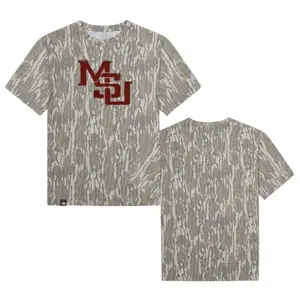 Red Mississippi State Designed On Original Bottomland Pattern Tshirt, Mossy Oak Red Mississippi Bottomland Camouflage Camo Tee