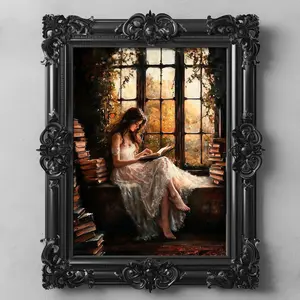 Barefoot Girl Reading in Library Window Wall Art, Autumn Book Nook Poster, Cozy Romantic Prints, Fairytale Reading Corner No Framed