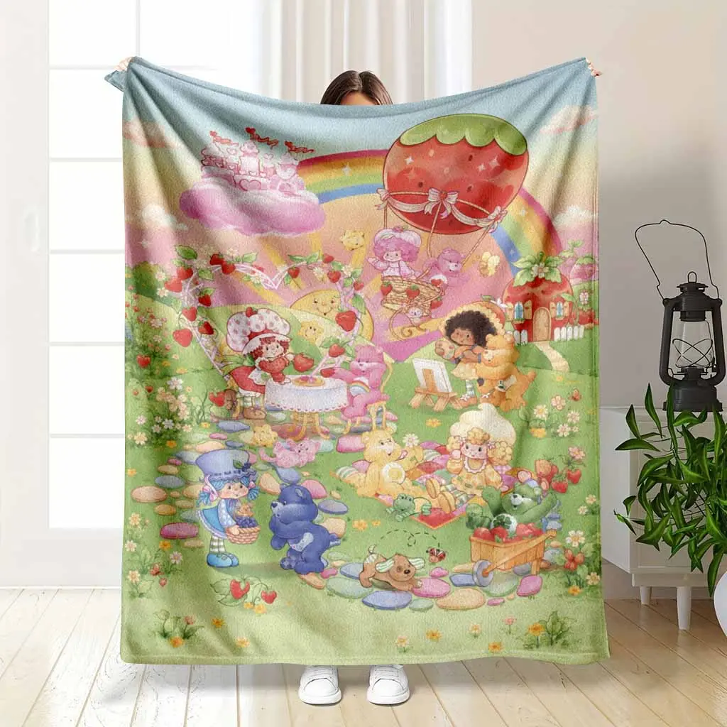 Flannel Throw Blanket - Cozy Chic Food Themed Giftable Blanket, Cute Strawberry Picnic Rainbow Bear & Fruit Garden Print, Wrinkle Resistant, Breathable, Soft Warm Lightweight Decorative, 30*40inch (Small for Babies), 60*80in (Adults), Ideal for Bedroom, C
