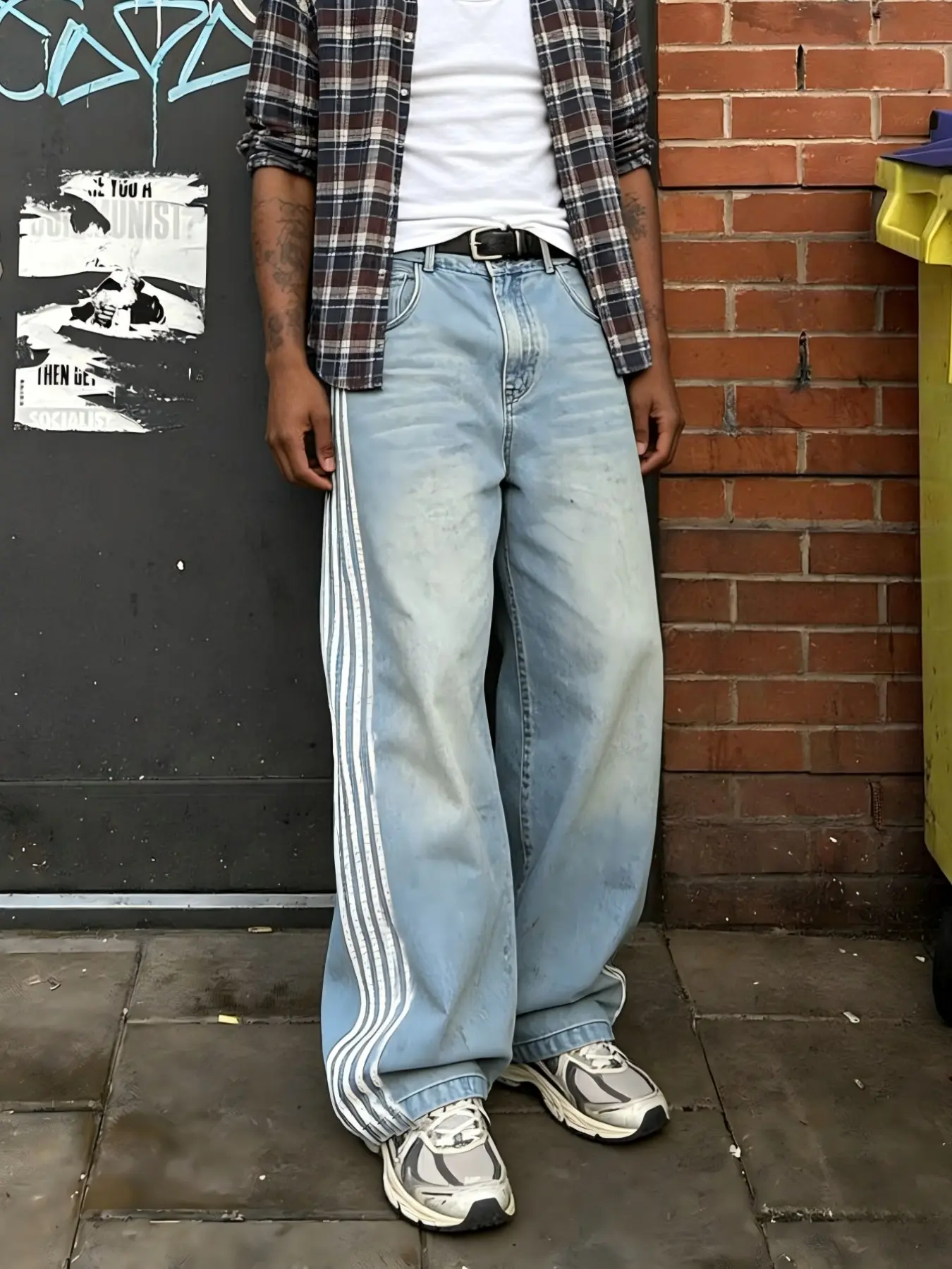 High Street Vibe Vintage Side Striped Loose Straight Medium Wash Jeans, Trendy Bar Wide Leg Denim Jeans, Fashionable Long Jean Trousers