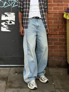 High Street Vibe Vintage Side Striped Loose Straight Medium Wash Jeans, Trendy Bar Wide Leg Denim Jeans, Fashionable Long Jean Trousers