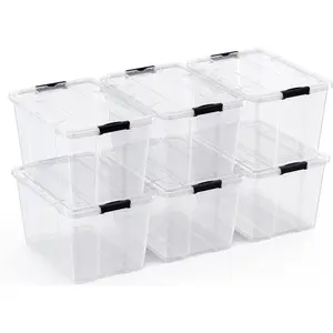 Lifetime Appliance Parts 6 PACK 34 Qt. Plastic Storage Bin Tote Organizing Container with Ultra Durable Lid & Secure Latching Buckles Stackable Extra Strength Clear w/Black Handle