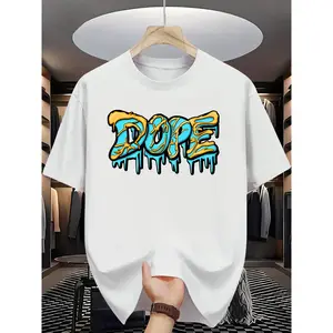 Men's Summer Casual Short Sleeve T-Shirt with Bold Drip Letter Graphic Print - Vibrant Turquoise, Regular Fit, Machine Washable, Comfortable Fit Shirt