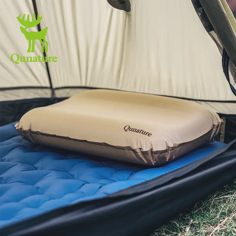 Ergonomic Camping Pillow - Self-Inflating Cheese Shape with Soft Knit Fabric, Neck Contour, Double Valves for Fast Inflate, Foldable Portable Size for Camping Travel, Ergonomic Neck Support, Portable Fold, Outdoor Camping