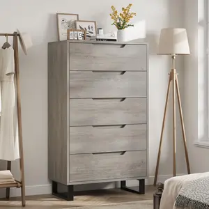 【GARVEE】5 Dresser for Bedroom, 51" Tall Dresser, Freestanding Vertical Drawer Dresser with Storage, Wooden Closet Dresser Storage Dresser Chest for Living Room, Hallway, Entryway, Ash Grey