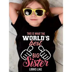 The World'S Best Big Sister-Girls Summer Cute T-shirt, Casual Short Sleeve Letter Print, Soft Polyester Blend