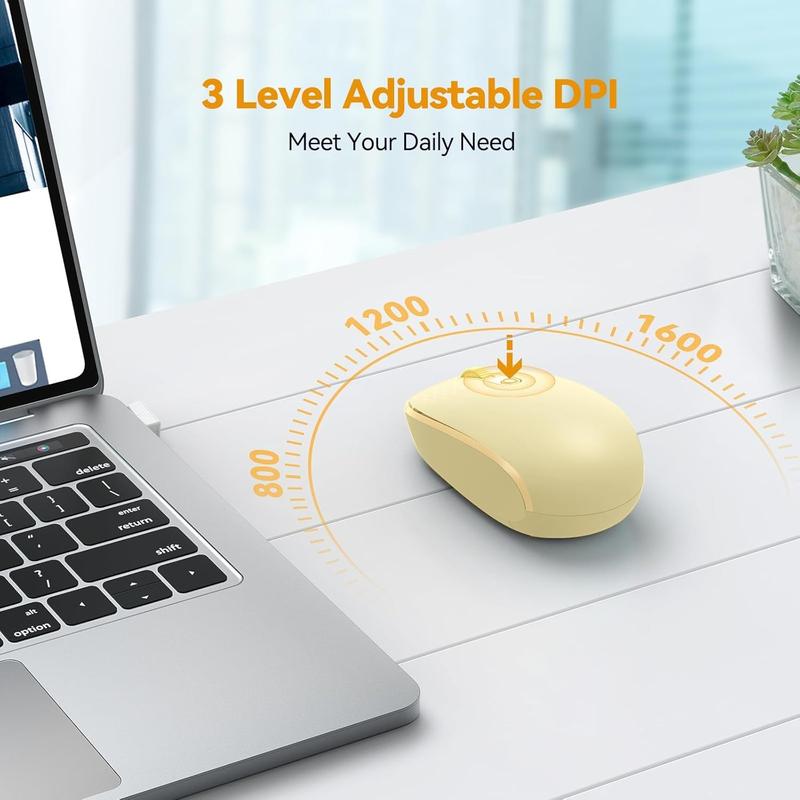 X-MUP05  Wireless Mouse, 2.4G Quiet Computer Mouse with USB Receiver, 4 Buttons Portable Cordless Mice for Chromebook, Laptop, PC, Mac, 800/1200/1600 DPI - Yellow