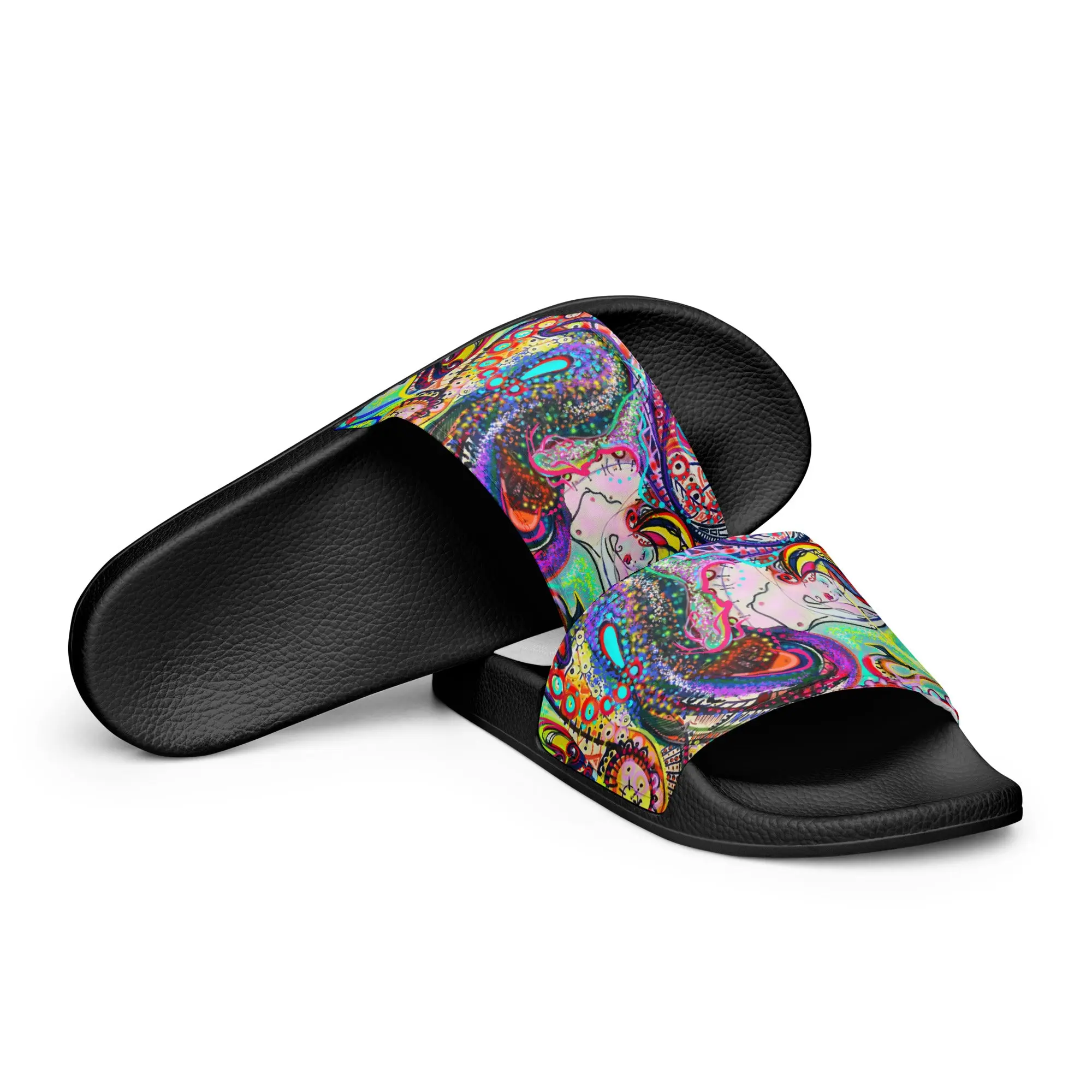 Women's Chic Mermaid Print Slide Sandals, Lightweight Open Toe Footwear, Handmade for Beach and Street Wear, Slipper, Casual, Original Print, Beach Wear, Flat Sole, Slip On, Beach & Street