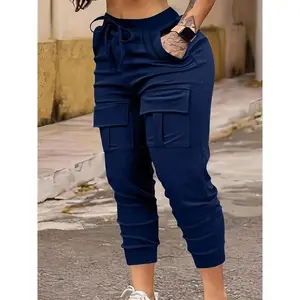 [Plus Size Joggers] Stretchy Polyester Women's Plus Size Black Joggers - Tapered Pants with Drawstring Waist, Side Pockets & Cargo Design, Comfortable All-Season Casual Wear