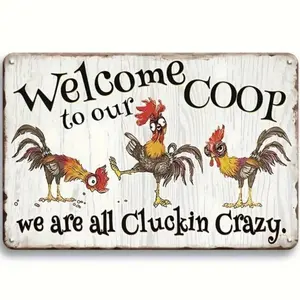 Welcome to Our Coop Metal Sign, Chicken & Letter Pattern Decorative Plaque, Vintage Tin Plate, Farmhouse Chicken Coop Henhouse Shed Wall Art Decor, Home Decor Supplies