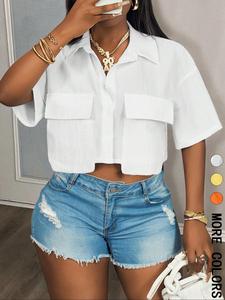 women's solid color short sleeve shirt, casual elastic pocket design crop top for summer, women's clothing for daily wear, womenswear