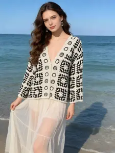 Women's Granny Stripe Cardigan, Vintage Hollow Knit Patchwork Jacket, Bohemian Long Sleeve Lazy Style Hoodie