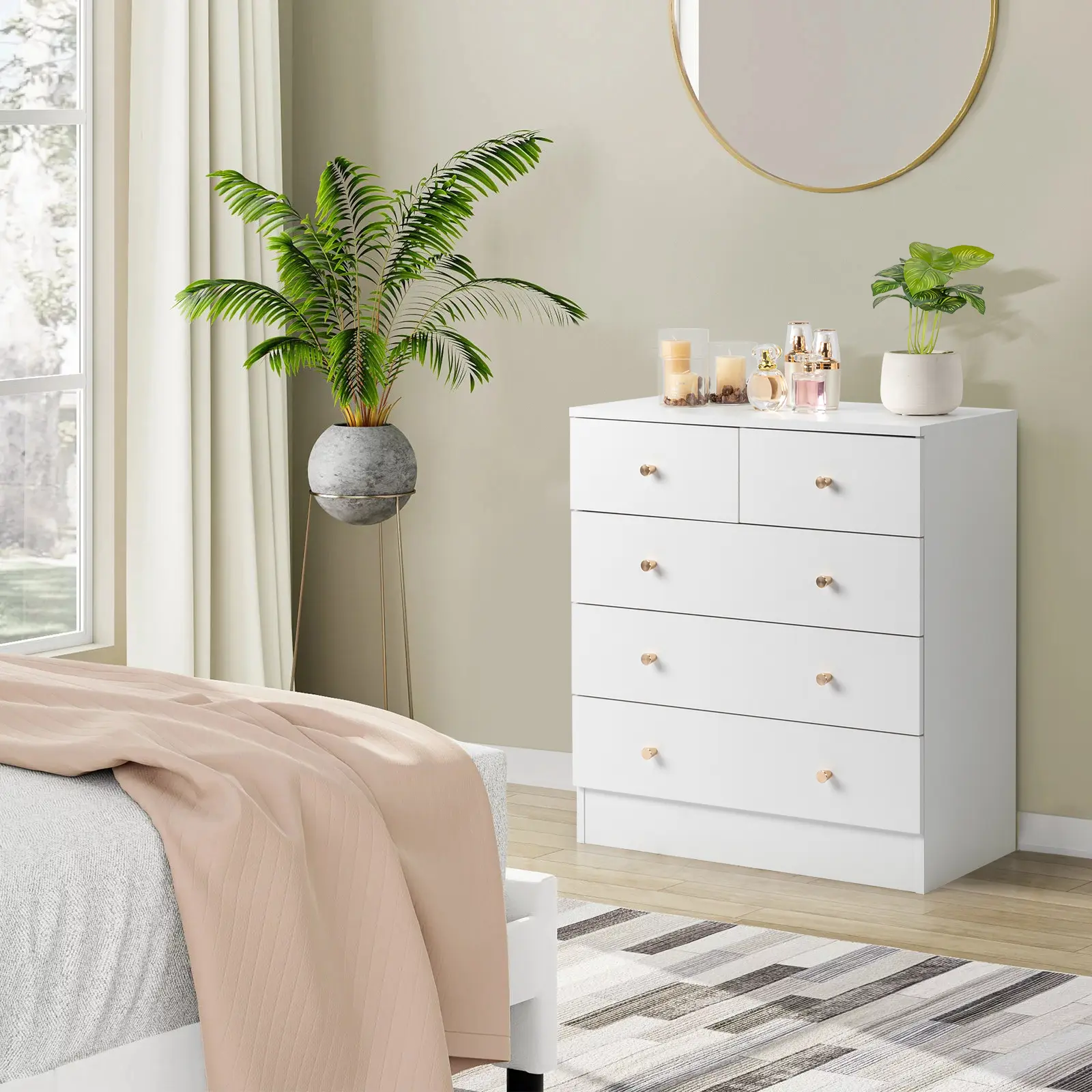Spaco 4-Tier 5-Drawer White Bedside Table with Matte Gold Handles, 25.98"x12.99"x28.74" Indoor Cabinet for Bedroom & Small Spaces