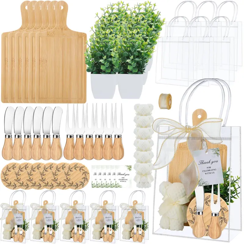 6 Pcs Baby Shower Gift Elegant Wedding Gift Set Mini Cheese Cutting Boards with Bamboo Spoons, Cozy Plaid Towels, Artificial Eucalyptus Stems, Tags, Bags Thank You Gift Boxes for Couples Party Favors for Weddings Christmas Holiday Gift
