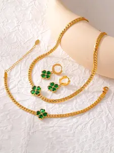 Four-Leaf Flower Design Jewelry Set, Fashion Necklace & Earrings & Bracelet for Party Clothing Decor, Trendy All-match & Exquisite Jewelry for Birthday Gift