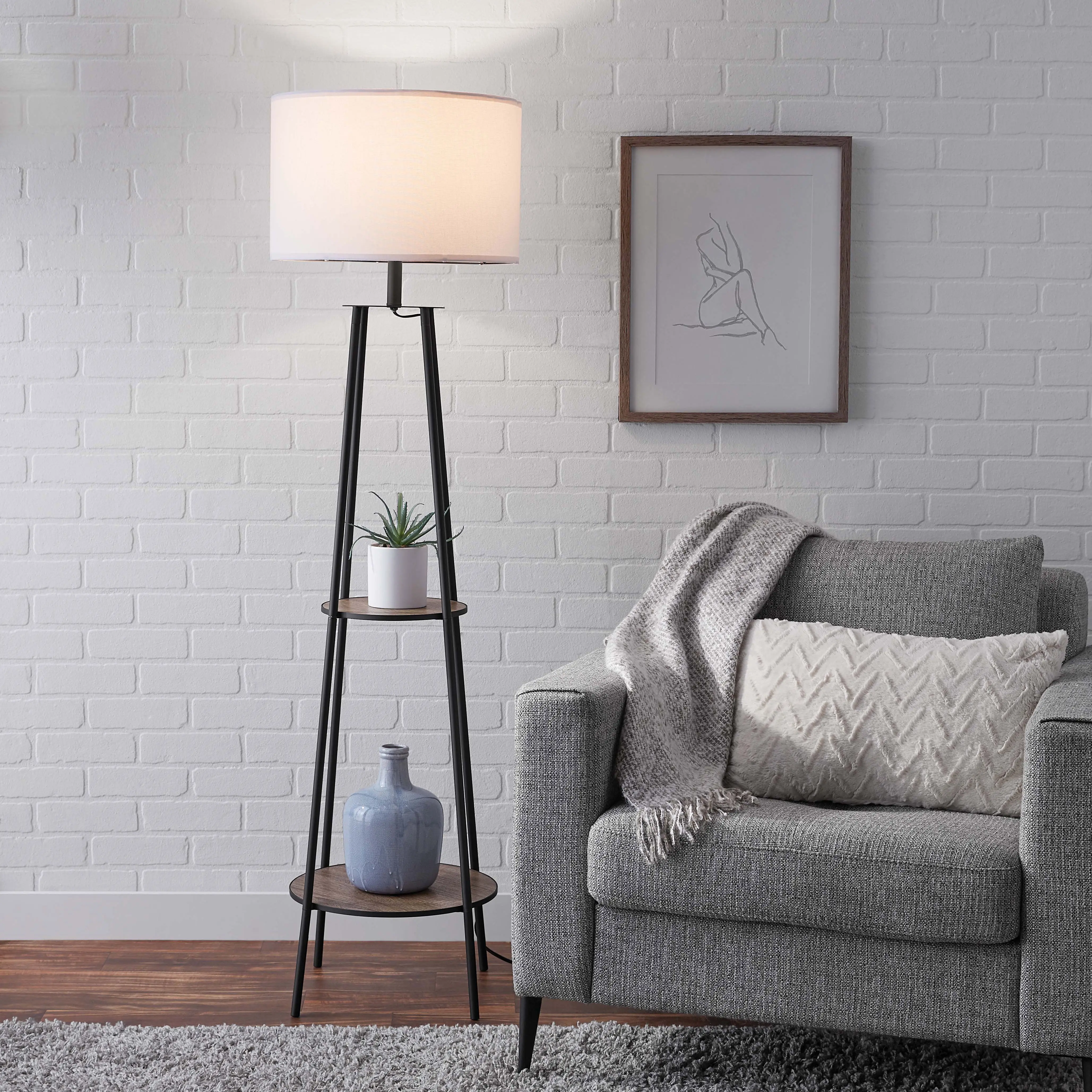Mainstays Etagere 62" Matte Black Mid-Century Style Floor Lamp, with 2 Wood Shelves, Brighten Your Space, Organize with Grace – 2-in-1 Floor Lamp!