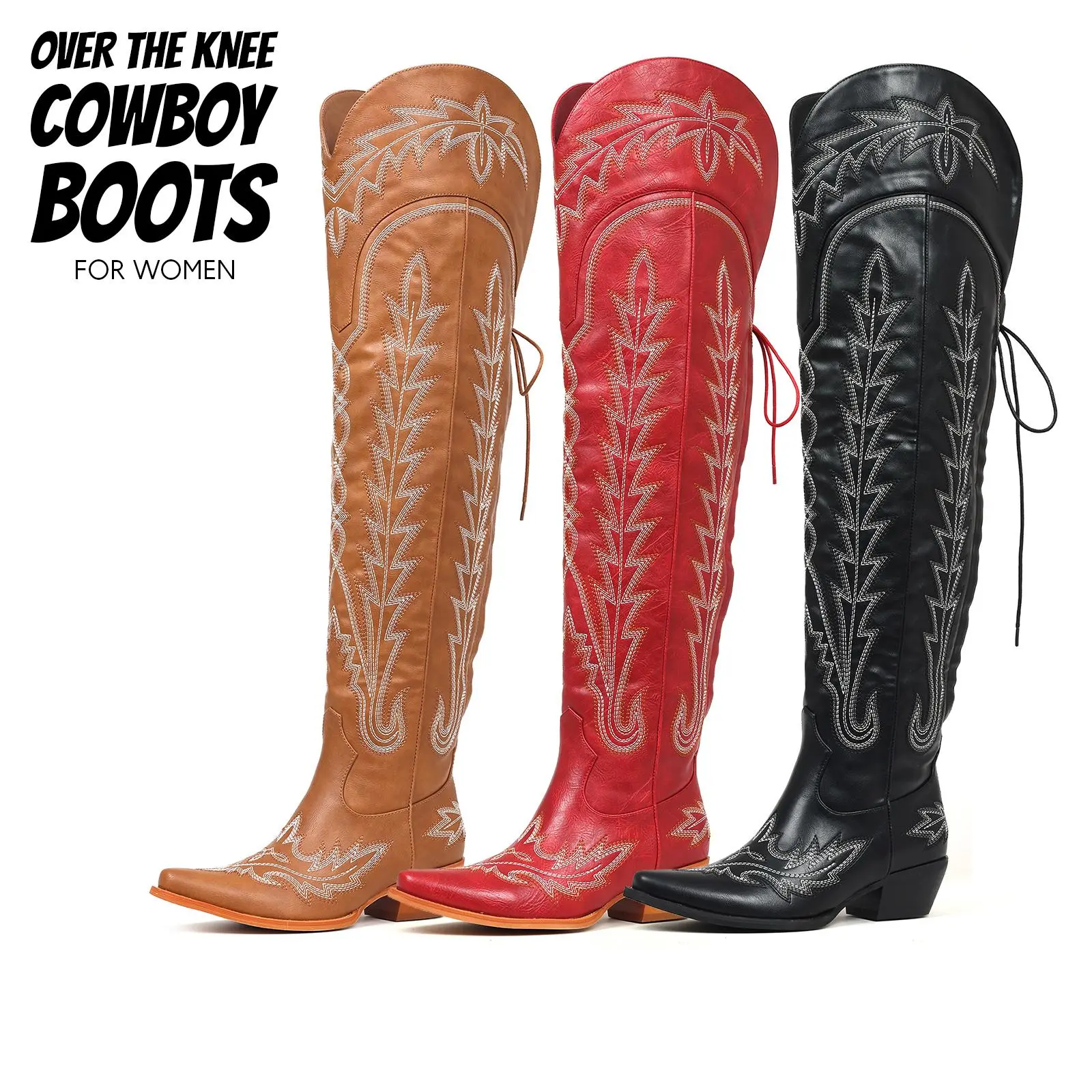 Western Cowboy Boots For Women Embroidered Over The Knee Tall Boot Pointed Toe Block Heel Side Zipper Lace Up Cowgirl Boots Retro Country Fashion Wedding Party Festival Shoes