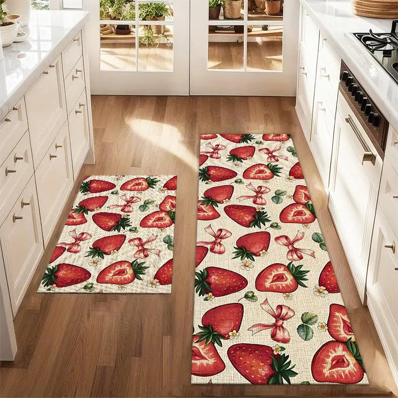 2Pcs Spring Strawberry Watercolor Painting Floor mat set including farmhouse kitchen Rug dining room flooring laundry room decorative carpet mat Kitchen Area Rug Household Decorative Rug Cozy Floor Mat Home Decor Rug Indoor Floor Mat