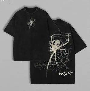 Spider Web Graphic T-Shirt Vintage Acid Wash Oversized Tee - Grunge Y2K Streetwear Aesthetic Top - Premium Heavyweight Cotton - Goth Punk Graphic Front & Back Print Shirt for Men and Women