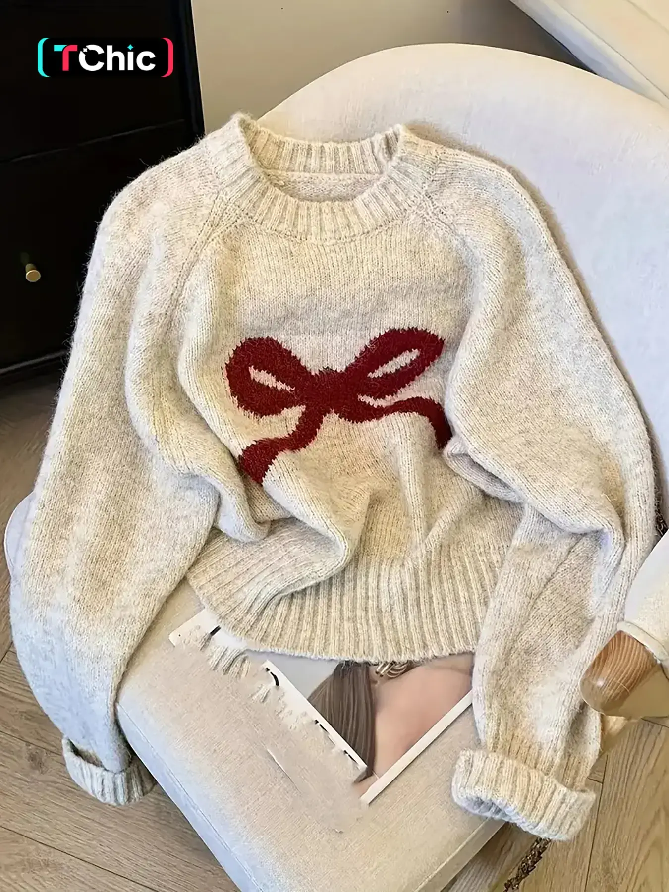 TChic Women's Knit Fabric Pullover Top - Round Neck, Elegant Bow, Thick, Loose Casual Long-Sleeve, Apricot Knitwear for Autumn Winter Warm Everyday Versatile Outerwear, Tops