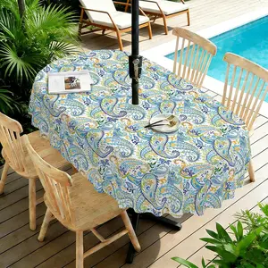 Outdoor Tablecloth with Umbrella Hole and Zipper, Paisley Waterproof Patio Table Covers, Oval 54" x 72"
