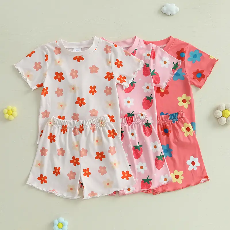 Toddler Girls Summer Outfit Floral Print Short Sleeve T-Shirt and Elastic Shorts Set Cute 2 Piece Clothes