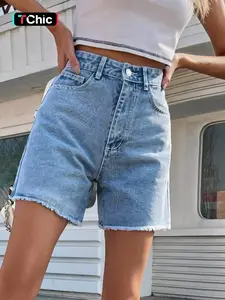 Spring Summer New High Waist Denim Shorts, Fashion Trendy Frayed Hem Jeans, Casual Fitted Pants for Women, Plant Pattern Design